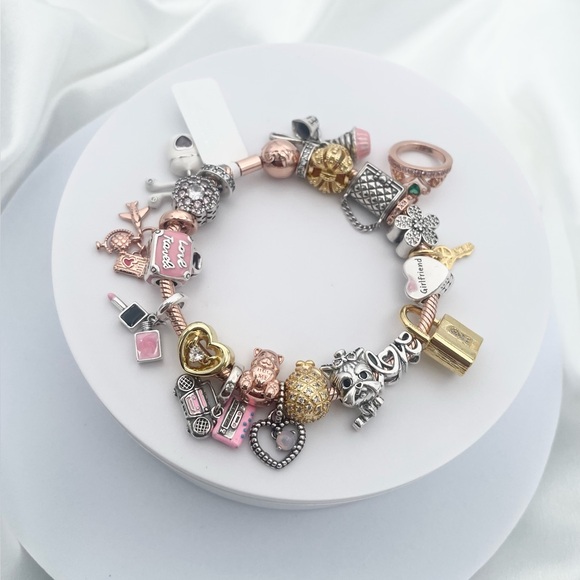 Linx Rose Gold Snake Chain Bracelet with Gold and Pink Girlfriend Charms
